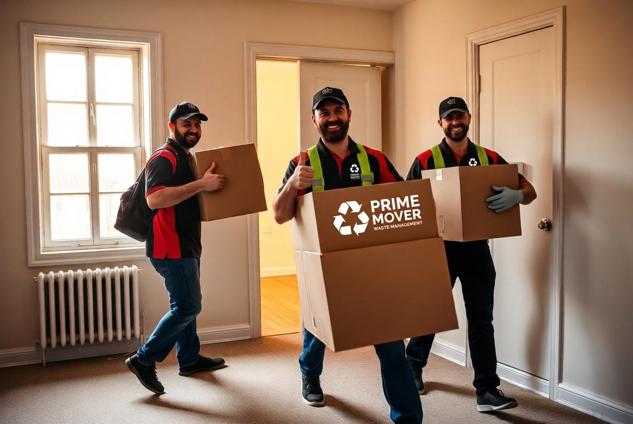Cleanout crew carrying boxes out of an apartment
