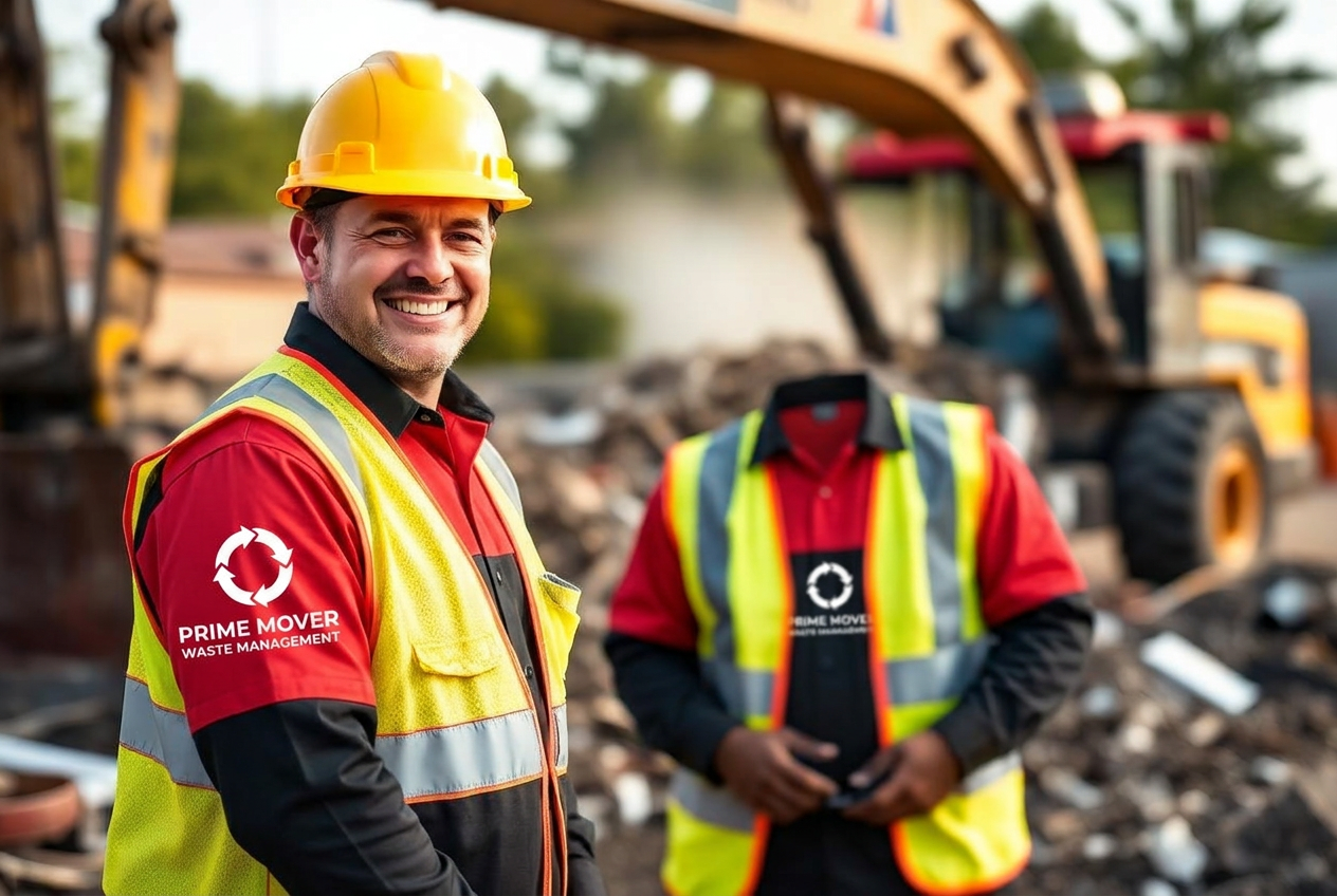 Prime Mover worker in safety gear on a construction cleanup site