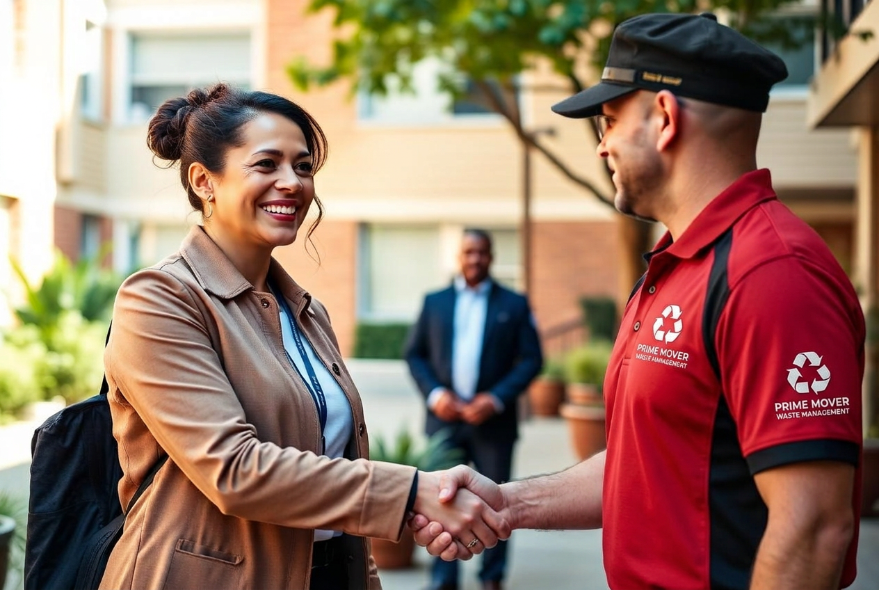 Prime Mover supervisor greeting a property manager at an apartment community