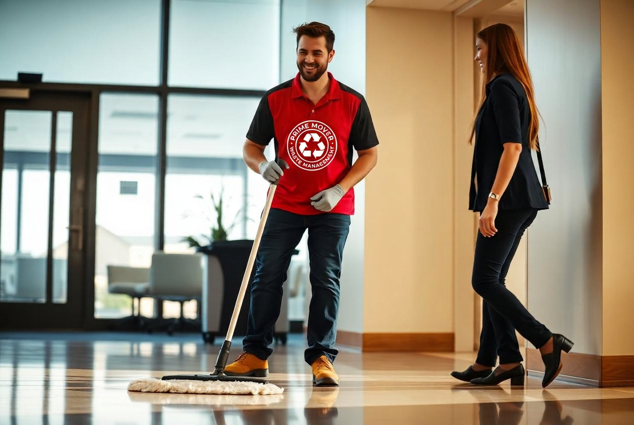 Janitorial team member cleaning an office lobby