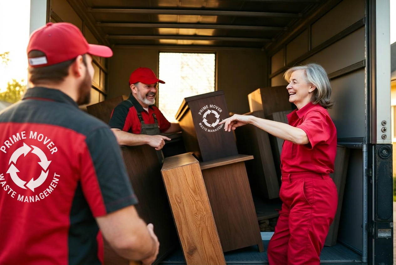 Junk removal crew loading old furniture for a customer