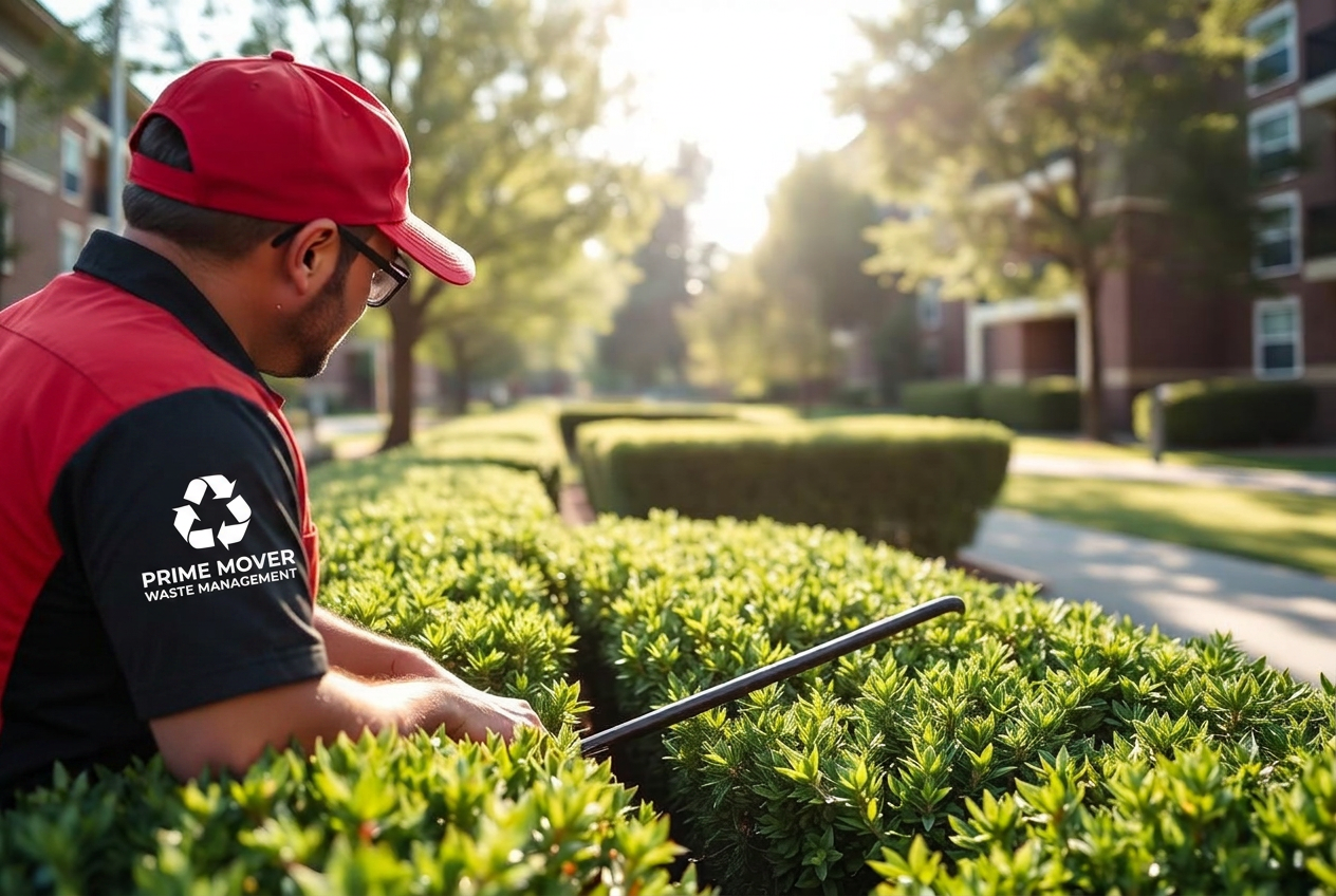 Grounds crew trimming hedges at an apartment community
