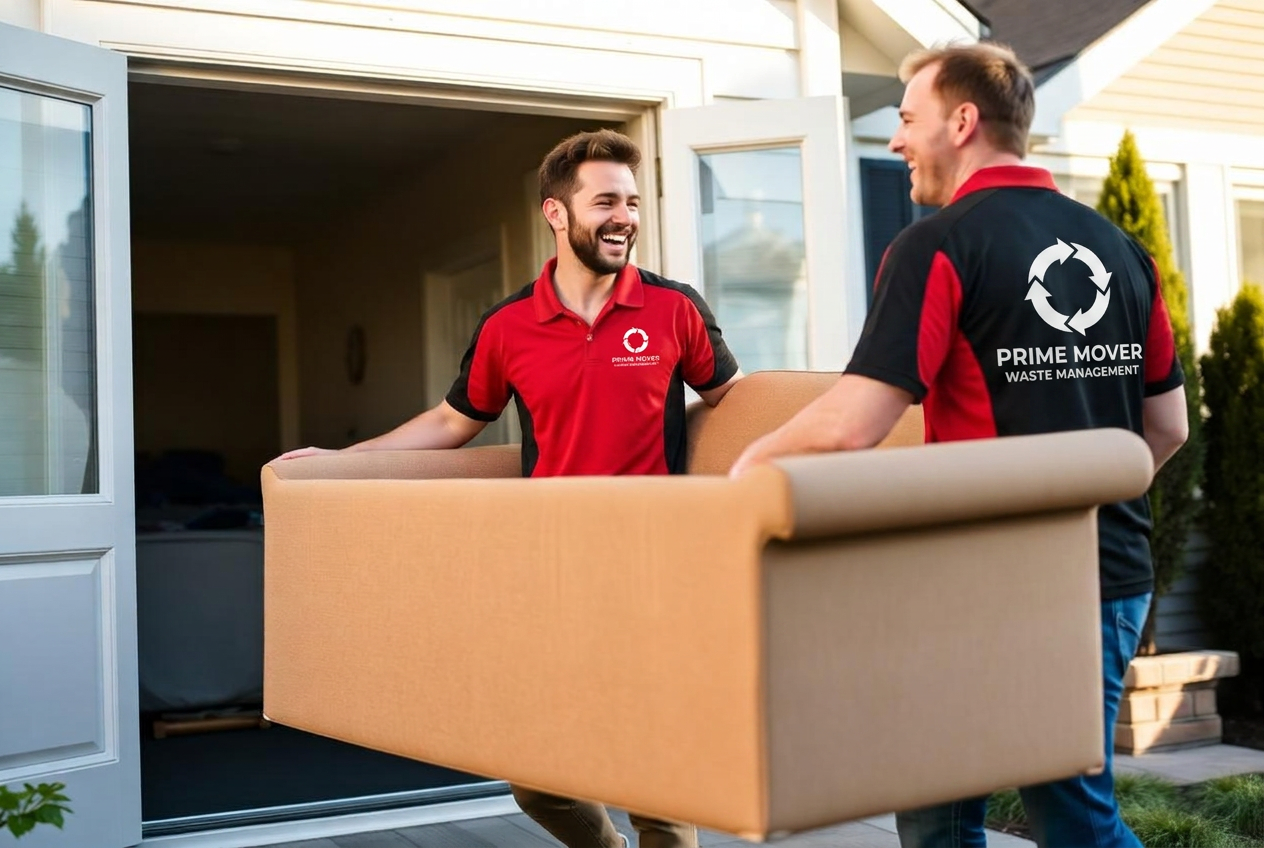 Two Prime Mover movers carrying a couch out of a home