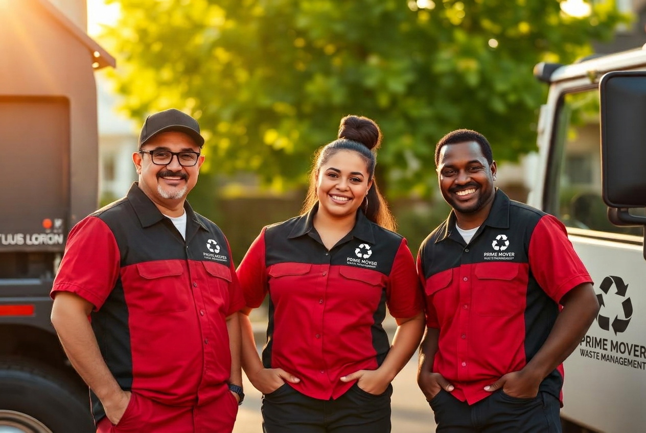 Prime Mover waste management crew smiling beside their truck